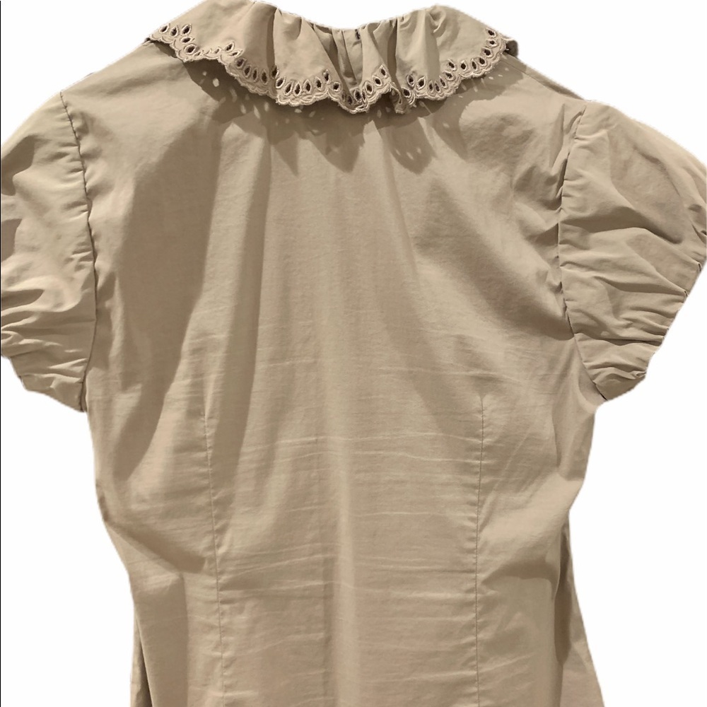 BCBG MaxAzria Taupe Ruffled Blouse Office Siren medium Cap Sleeve Coquette top - Picture 7 of 9